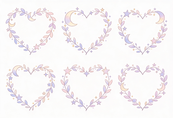 Pastel Celestial Heart Wreaths Clipart