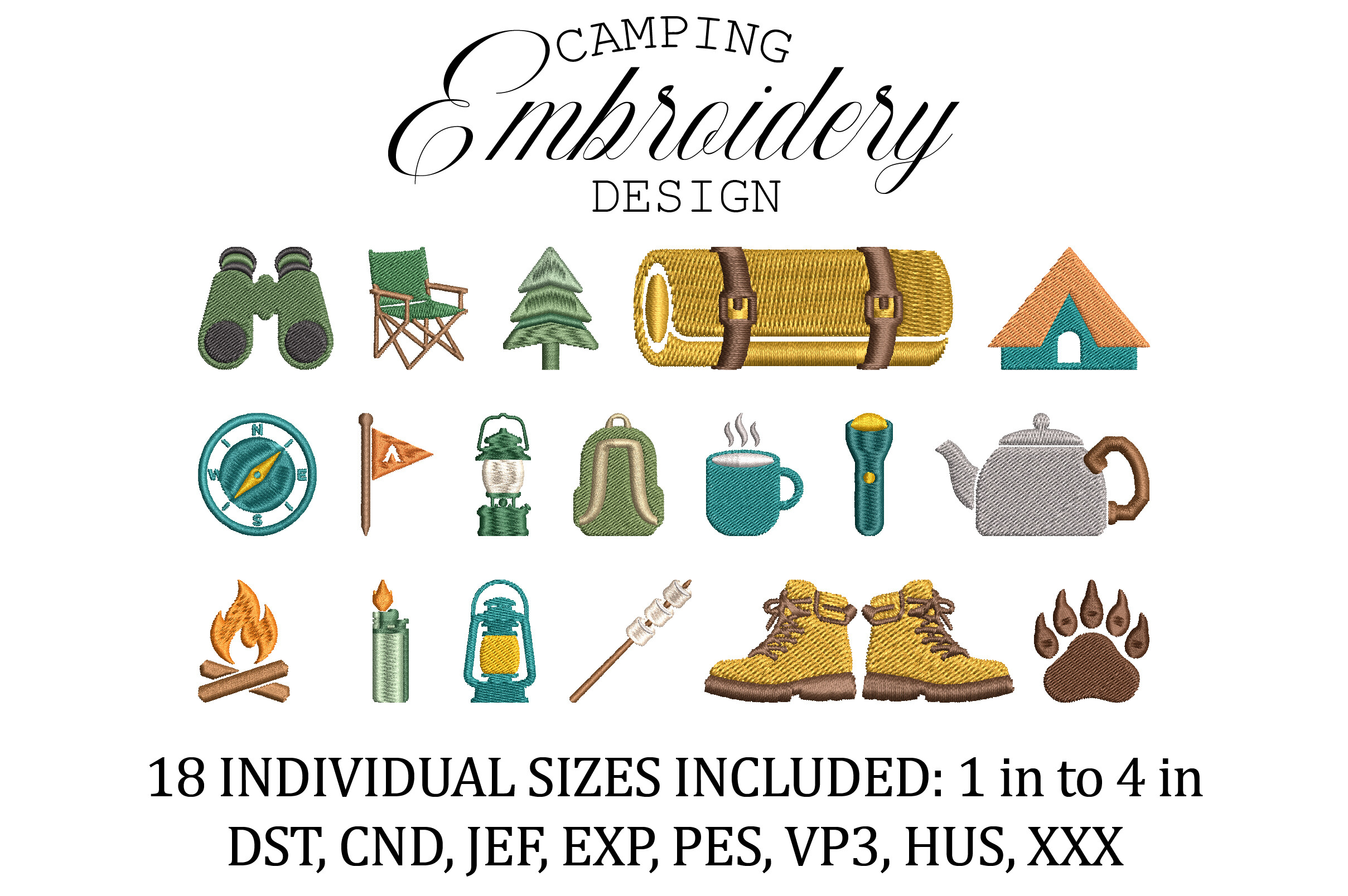 Set of 20 Camping Icons Embroidery Pack