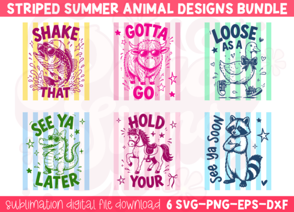 Preview of Stripes Funny Summer Animal PNG Bundle T-shirt, sticker, and sublimation design