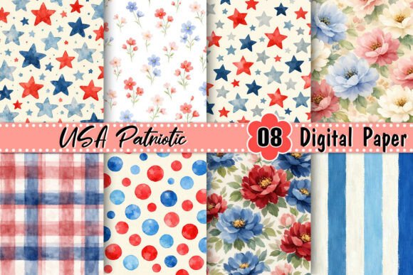 USA Patriotic Digital Paper Graphic Patterns By Artistic Garden