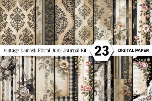 Vintage Damask Floral Junk Journal Kit Afbeelding Achtergronden Door Design Studio 45