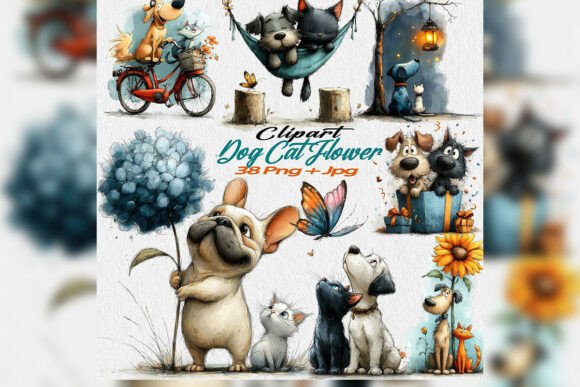 Whimsical Dog Cat Flower Clipart PNG Set Graphic Illustrations By One-touch