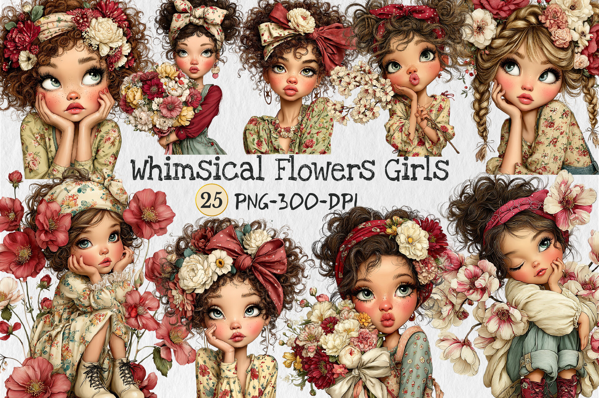 Whimsical Flowers Girls Clipart Graphic by Rose Art · Creative Fabrica