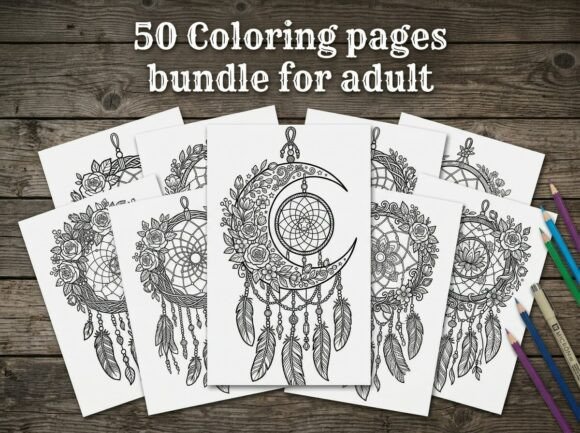 Preview of 50 Boho Dreamcatcher Coloring Pages adult coloring pages