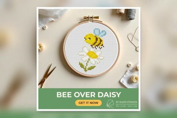Bee over Daisy Cross Stitch Pattern PDF