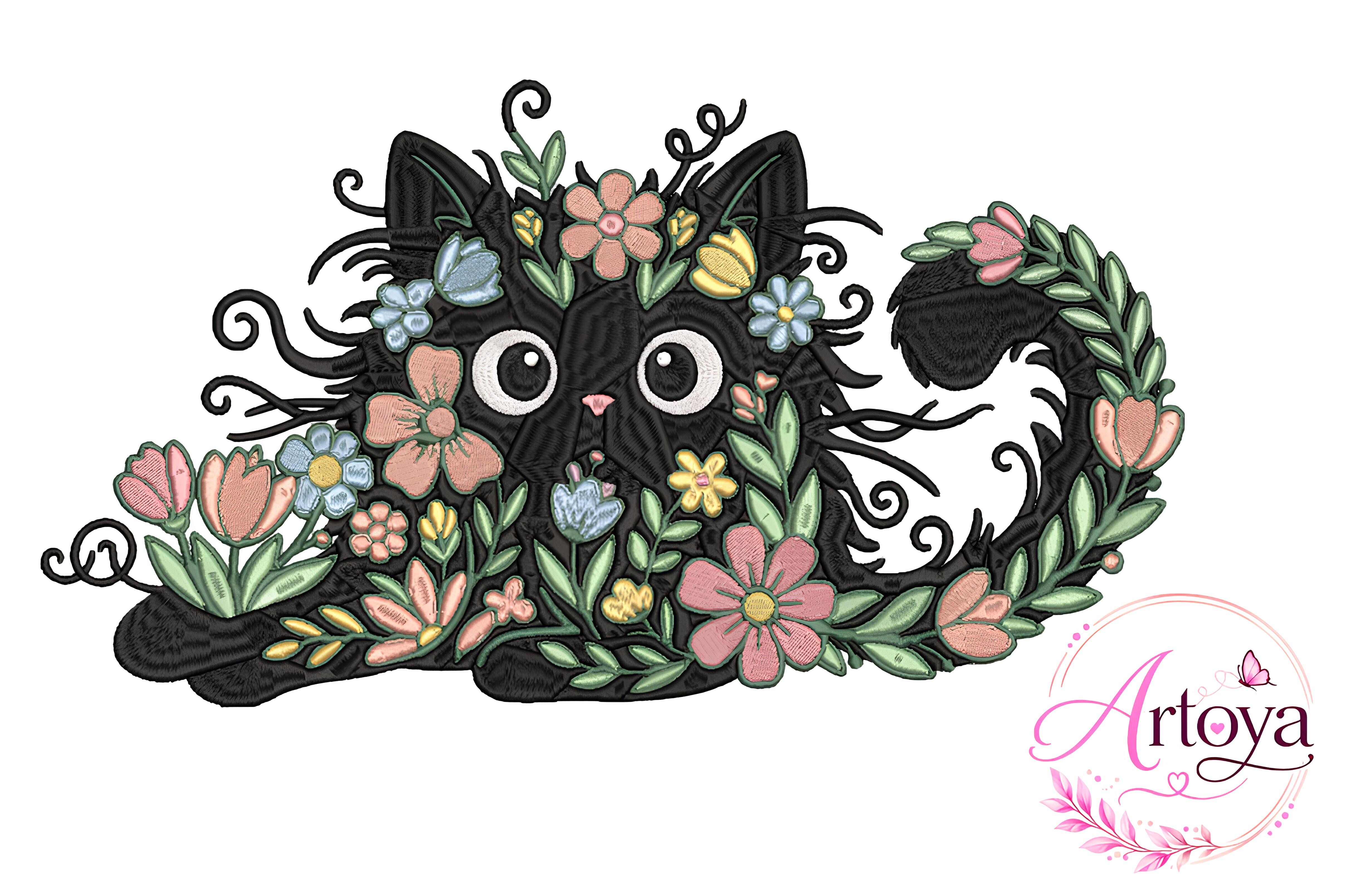 Black Floral Cat Embroidery Design