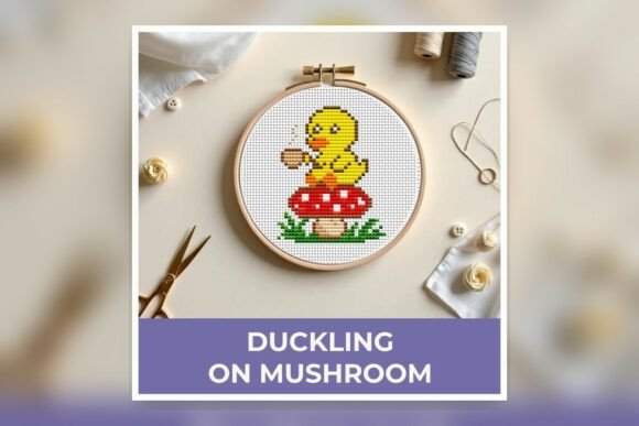 Duckling on Mushroom Cross Stitch Patter