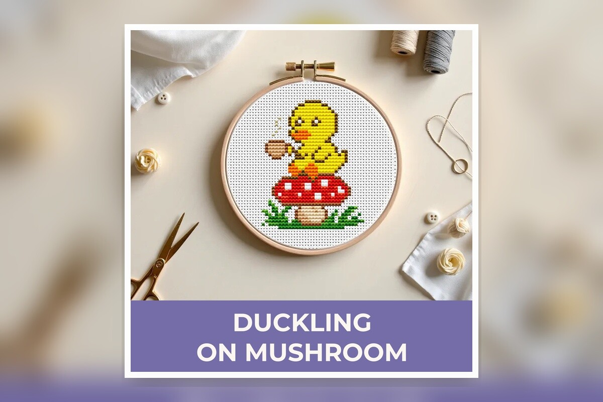 Duckling on Mushroom Cross Stitch Patter