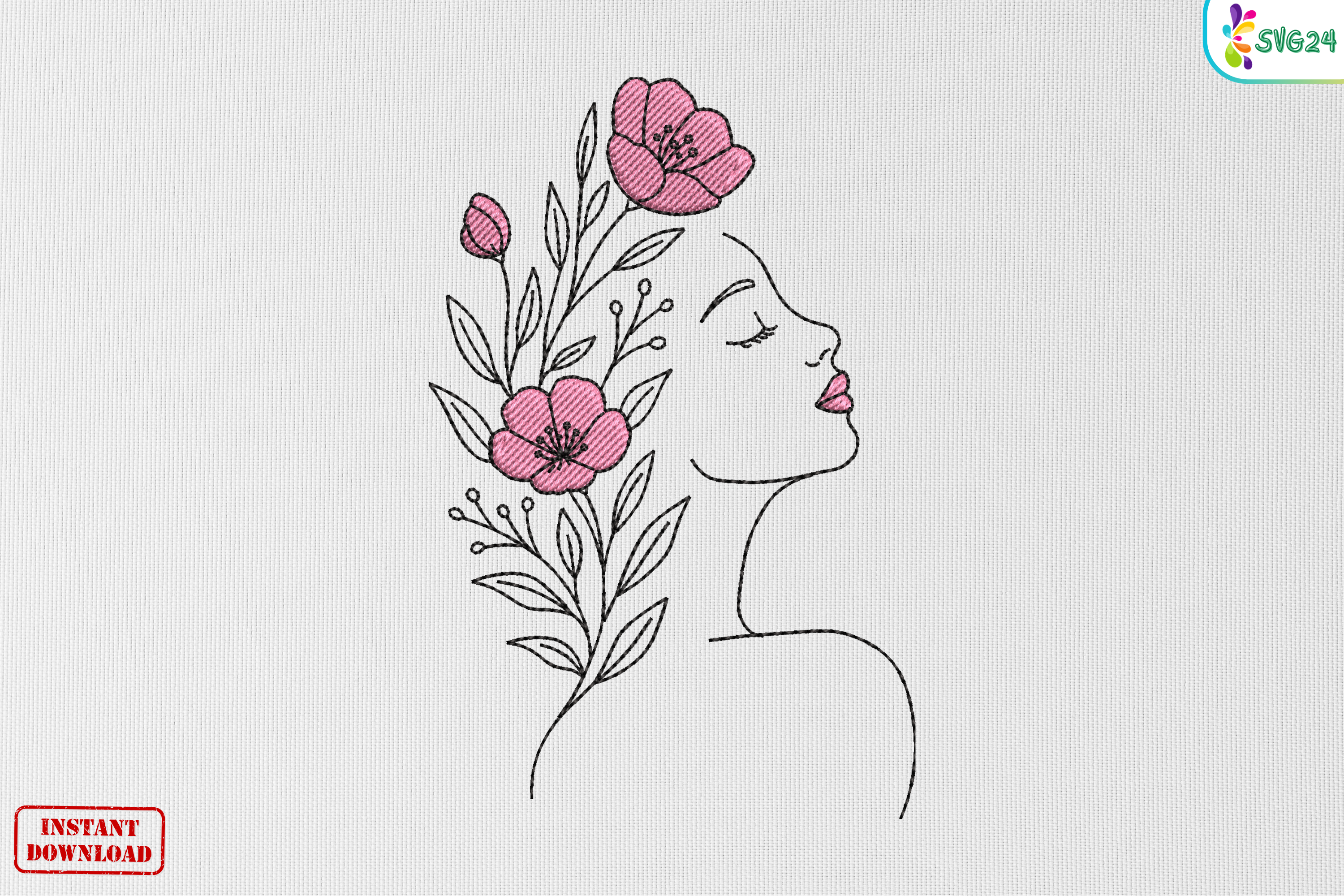 Elegant Floral Woman Line Art