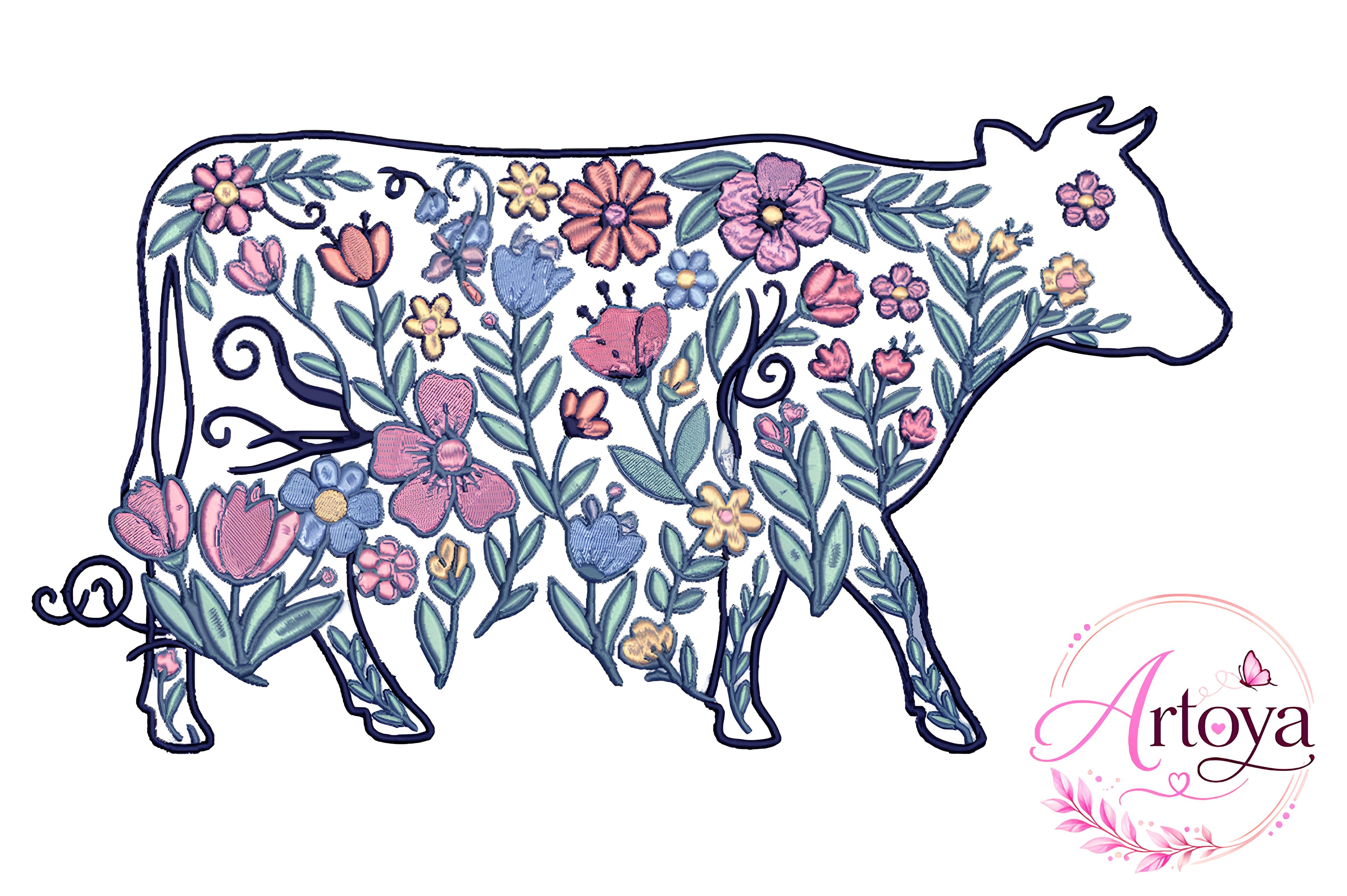 Floral Cow Embroidery Design