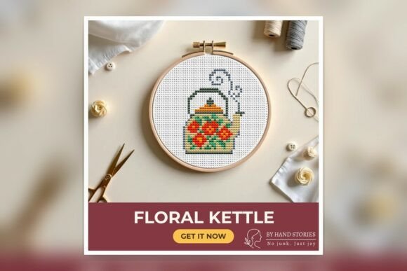 Floral Kettle Cross Stitch Pattern PDF