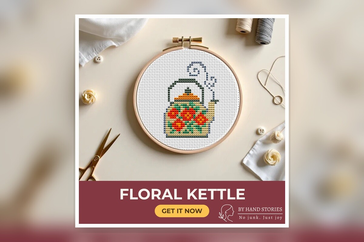 Floral Kettle Cross Stitch Pattern PDF