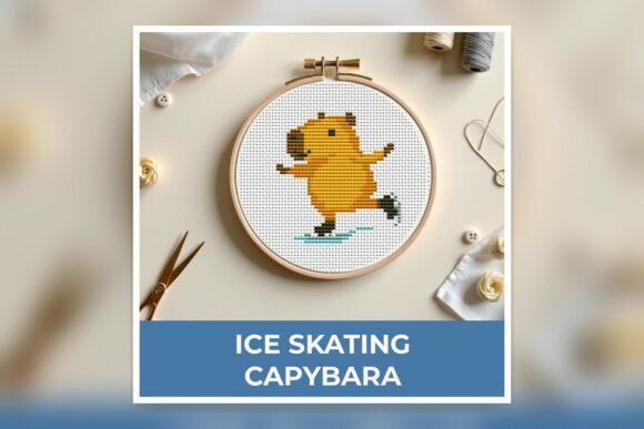 Ice Skating Capybara Cross Stitch Patter