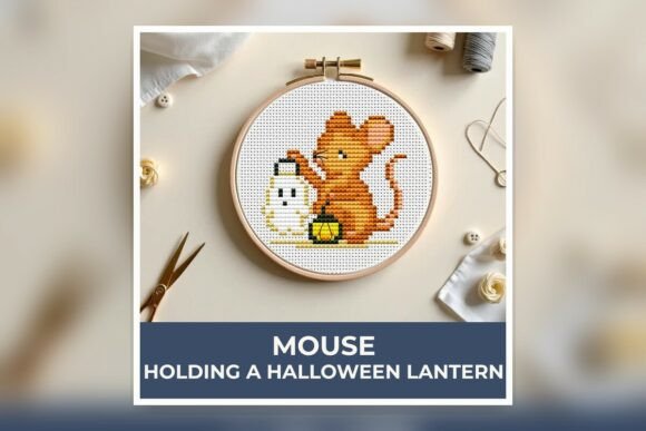 Mouse Holding a Halloween Lantern Cross