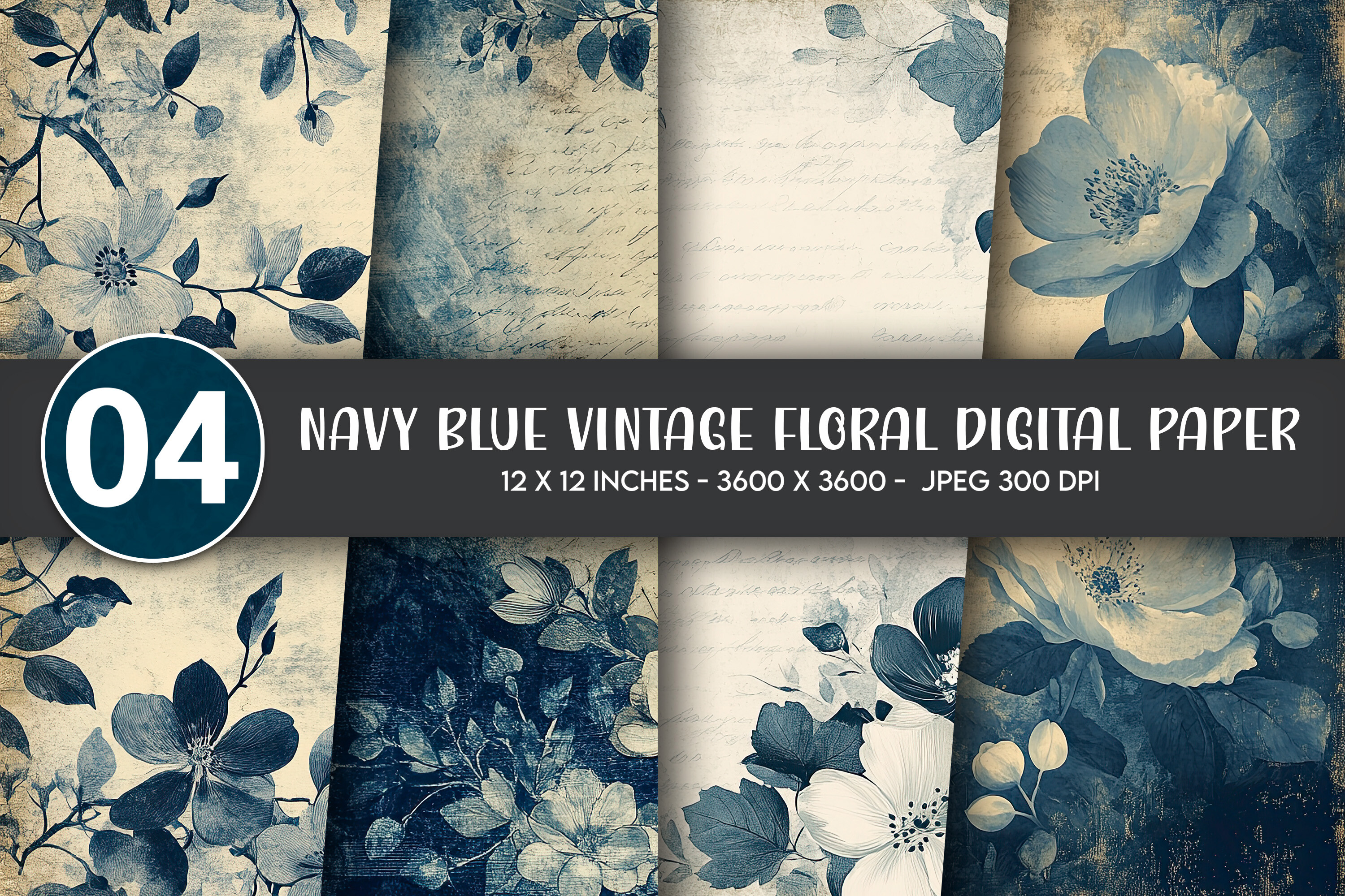 Navy Blue Vintage Floral Digital Paper Graphic by Artify Hub Studio ...