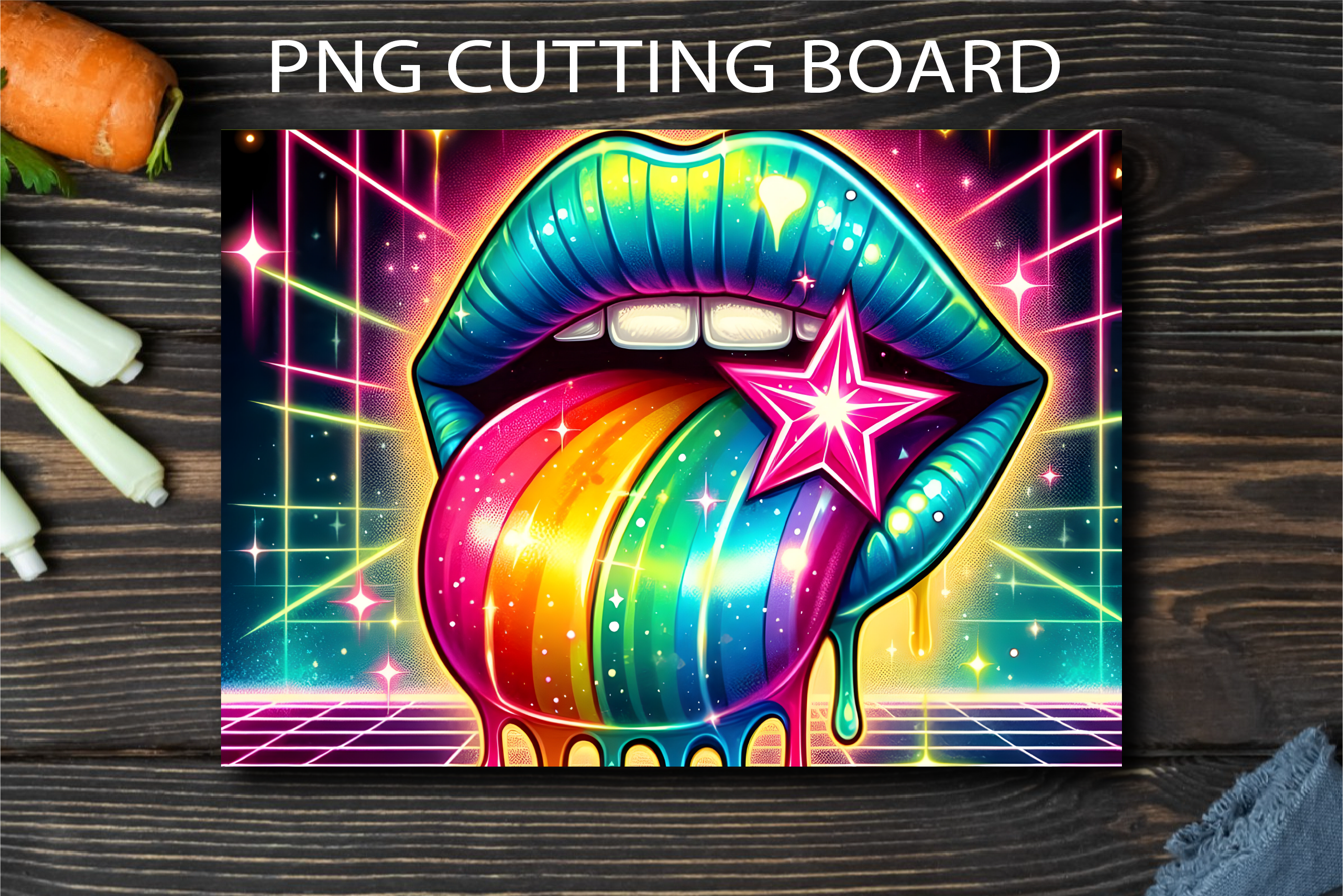 Retro Neon Star Lips Cutting Board PNG