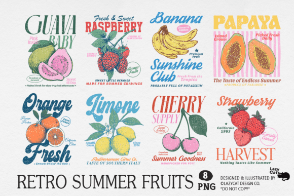 Retro Summer Fruits PNG Bundle Graphic Illustrations By Lazy Cat