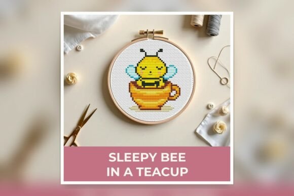 Sleepy Bee in a Teacup Cross Stitch Patt