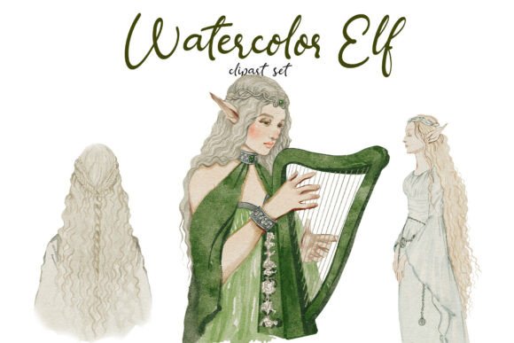 Watercolor Elf Portrait Clipart Set for printable pet art bundle layouts