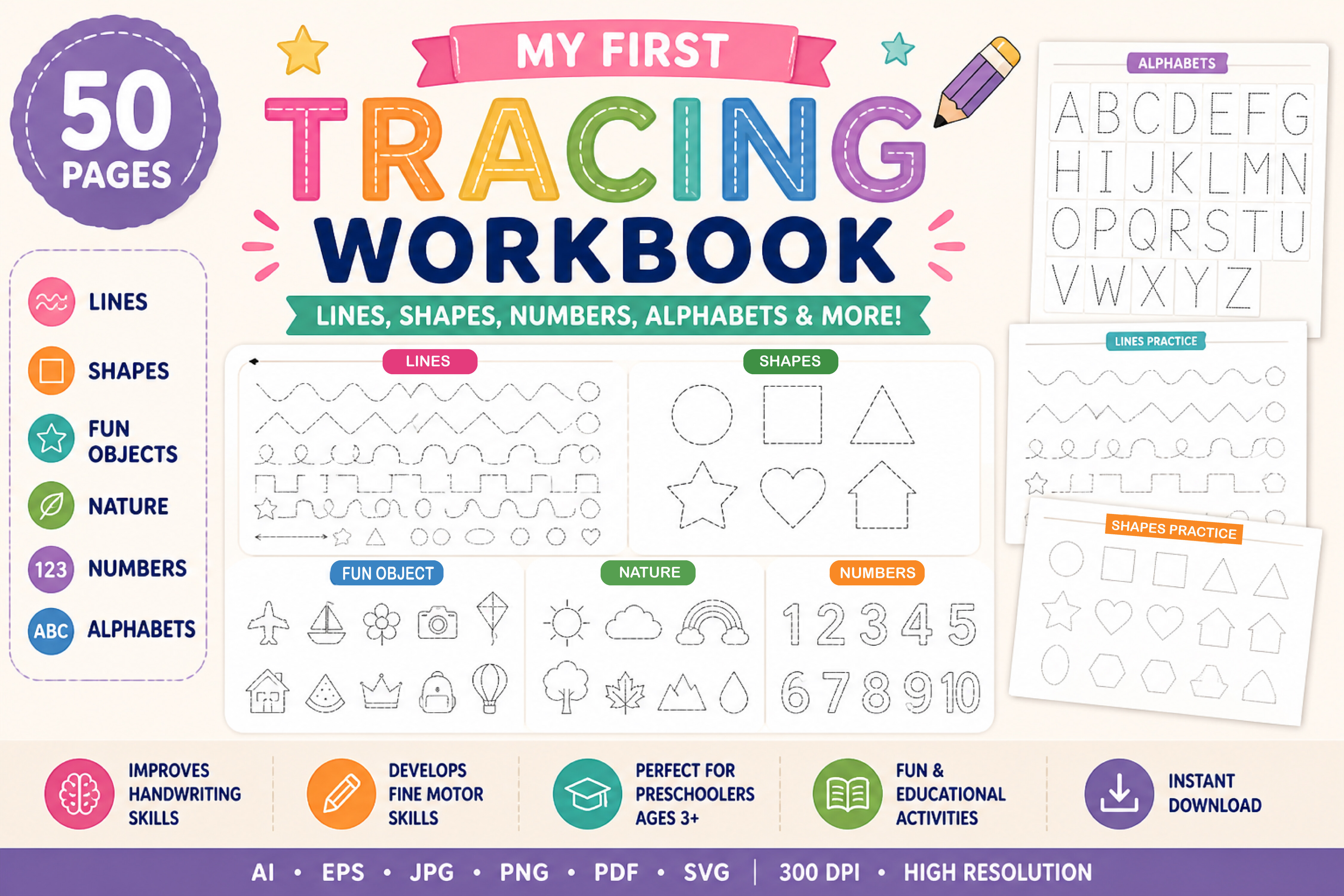 50 Preschool Tracing Workbook Graphic by ZKR Store · Creative Fabrica