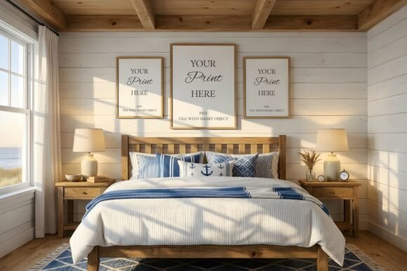 Coastal Bedroom Triptych Frame Mockup Grafik Rahmen & Poster Von Mockups Of Imaginations
