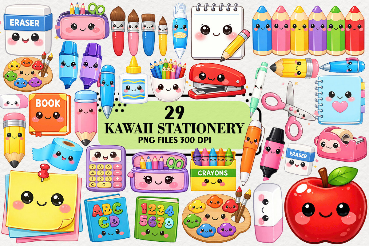 Kawaii Stationery, Kawaii School Clipart Graphic by Artistic Garden ...