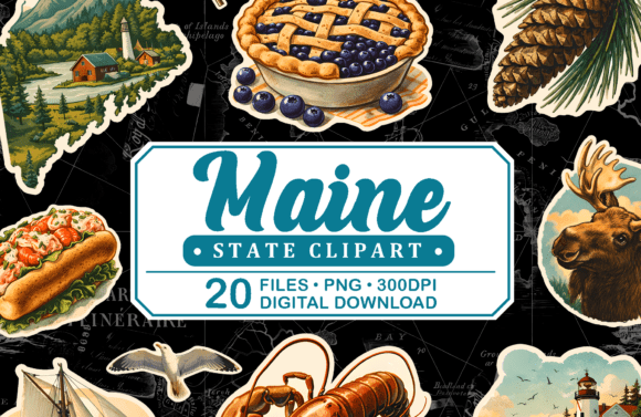 Maine Vintage Travel Clipart Graphic Illustrations By digitalplannerland