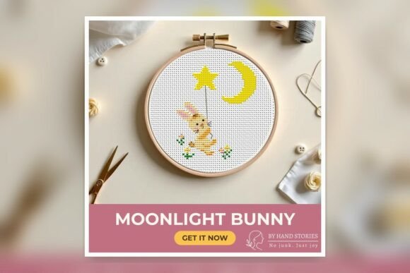 Moonlight Bunny Cross Stitch Pattern PDF