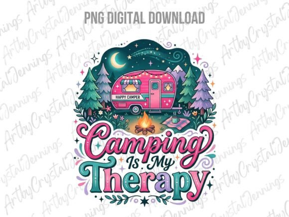 Retro Pink Camper Camping is My Therapy