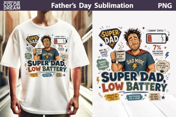 Super Dad Low Battery Quote Graphic T-shirt Designs By WatercolorColorDream