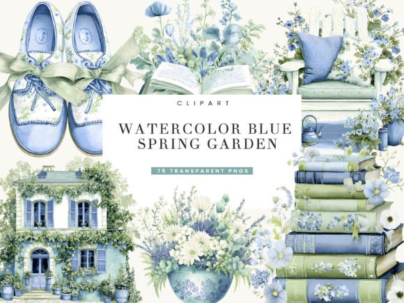 Watercolor Blue Spring Garden Clipart Grafik Druckbare Illustrationen Von busydaydesign