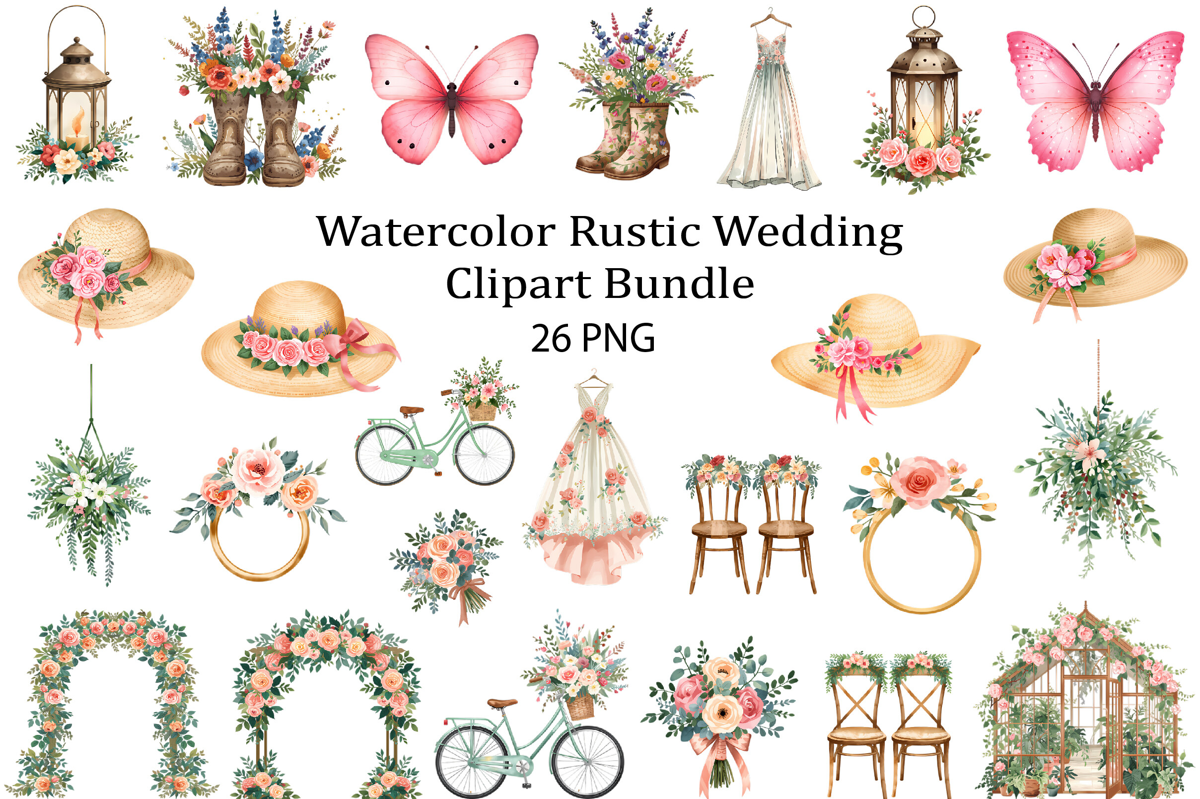 Watercolor Rustic Wedding Clipart Bundle - photo 1