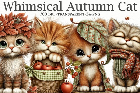 Whimsical Autumn Cat Clipart Graphic AI Illustrations By Designworld