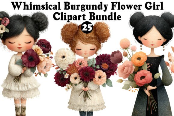 Whimsical Burgundy Flower Girl Clipart Graphic Illustrations By Sublimation Design