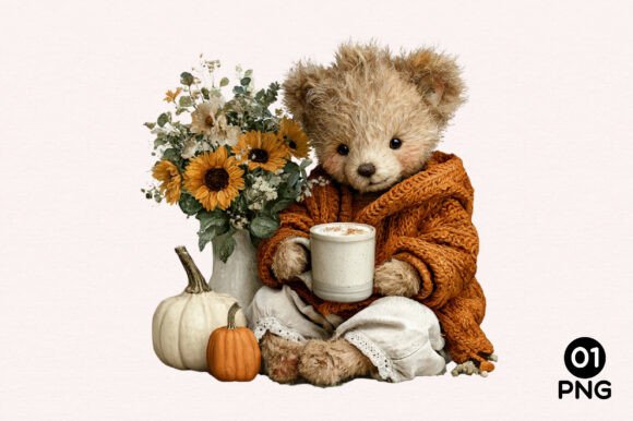 Whimsical Fall Autumn Teddy Bear Clipart Gráfico Ilustrações para Impressão Por Sublimation Design