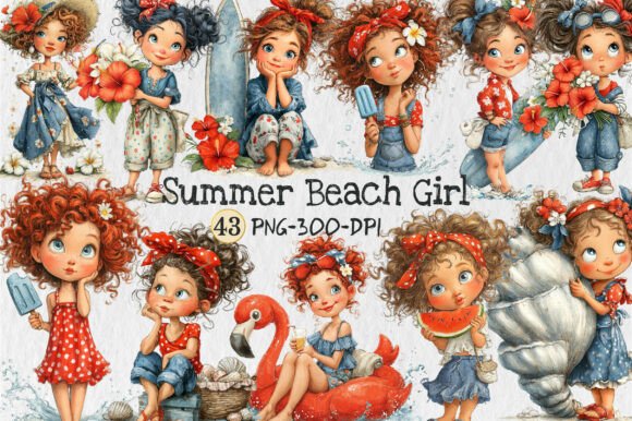 Whimsical Summer Beach Girl Clipart Gráfico Ilustraciones IA Por Rose Art