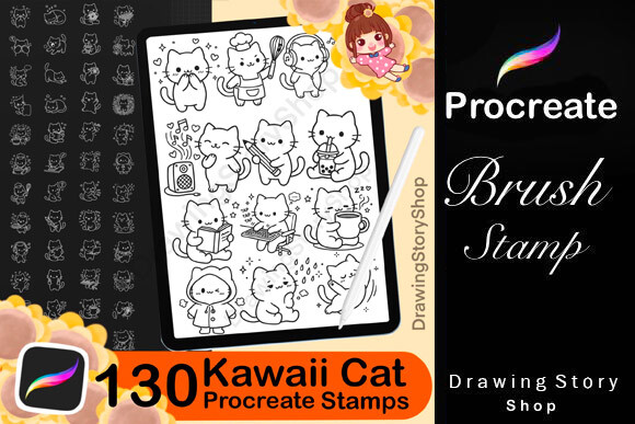 130 Procreate Cute Kawaii Cat Stamps Graphic by DrawingStoryShop ...