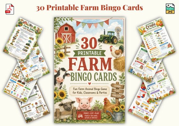 30 Printable Farm Bingo Cards
