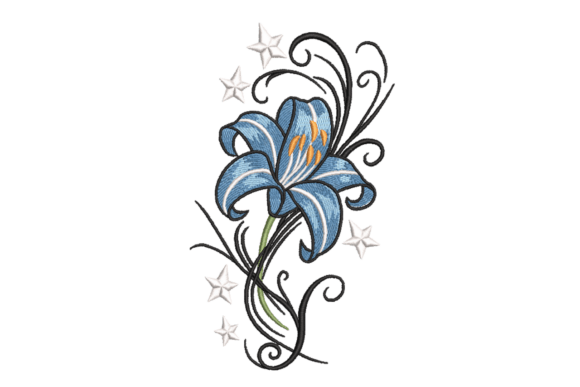 Blue Lily Swirl Single Flowers & Plants Embroidery Design By Alistudio