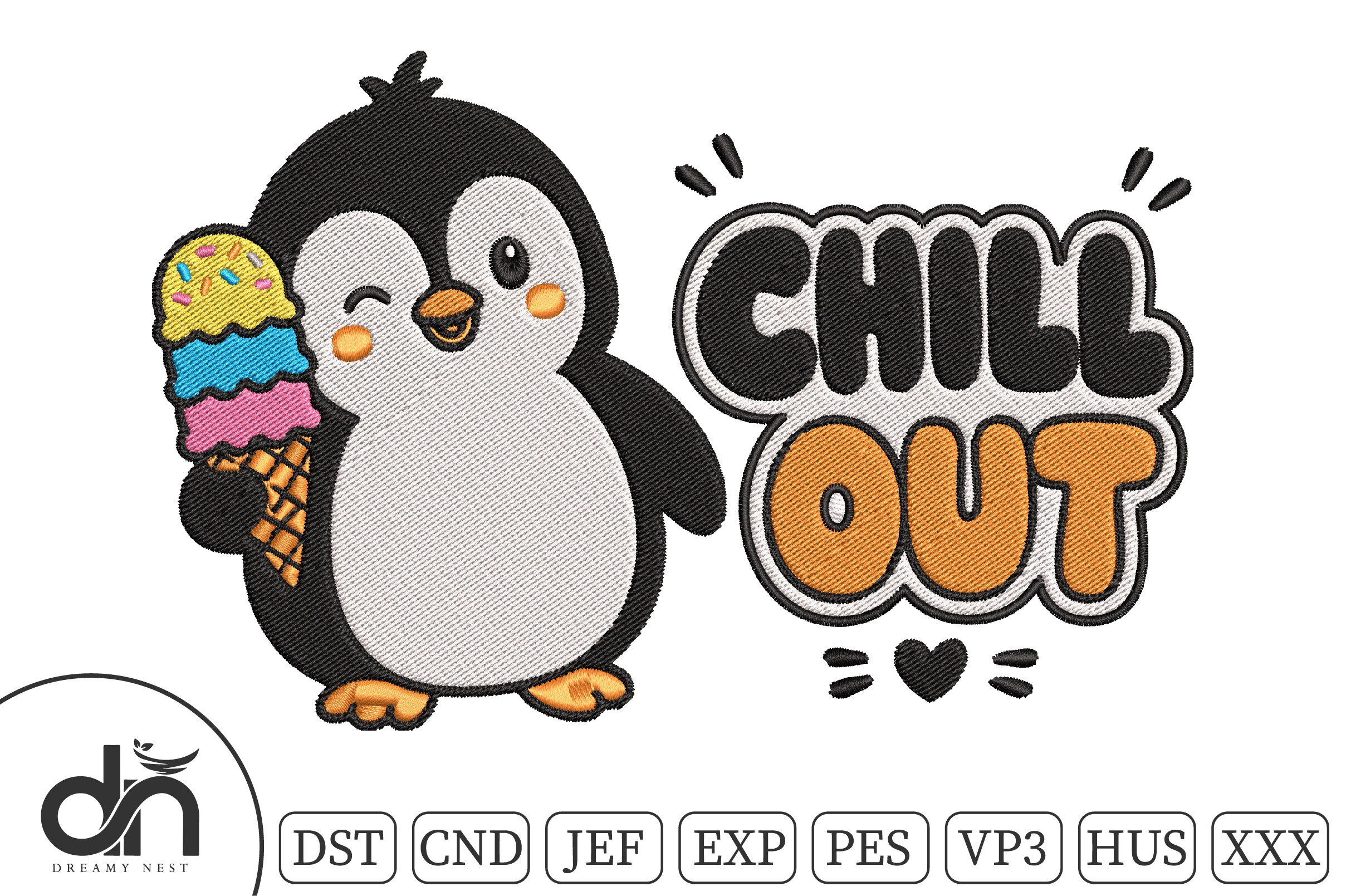 Chill out Penguin Ice Cream Embroidery