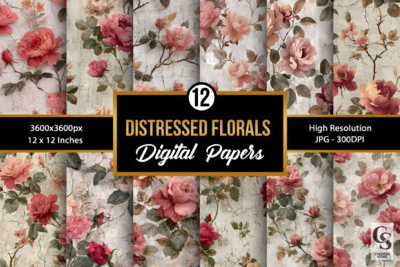 Distressed Rose Flowers Digital Papers Graphic Patterns By Creative Store