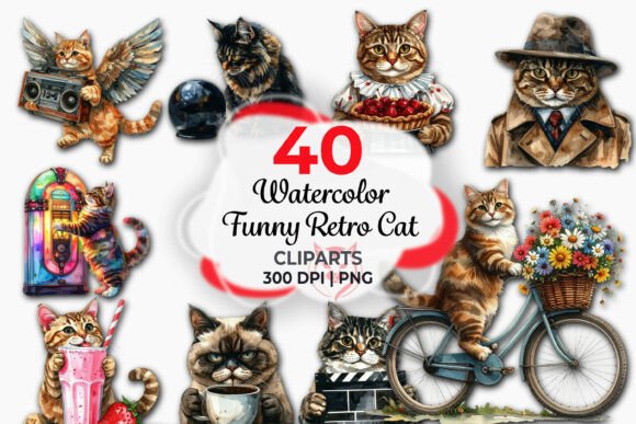 Funny Retro Cat Clipart Bundle Graphic by Redsky Cat · Creative Fabrica