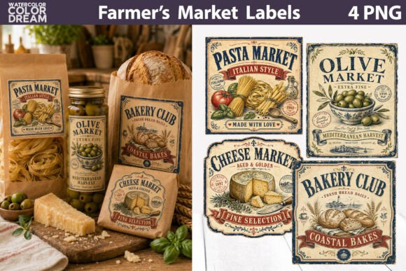 Vintage Farm Food Labels Illustration Illustrations Imprimables Par WatercolorColorDream