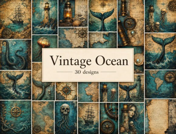 Vintage Ocean Junk Journal Pages Grafika Tekstury Przez Attractions Artist
