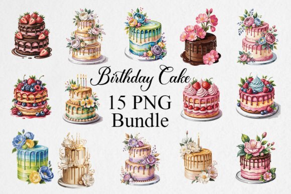 Watercolor Birthday Cake PNG Bundle Graphic by EM STORE · Creative Fabrica