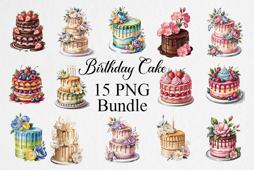 Watercolor Birthday Cake PNG Bundle Graphic by EM STORE · Creative Fabrica