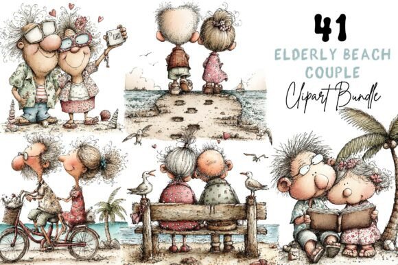 Whimsical Elderly Couple Beach Clipart Gráfico Ilustraciones Imprimibles Por Print Magic