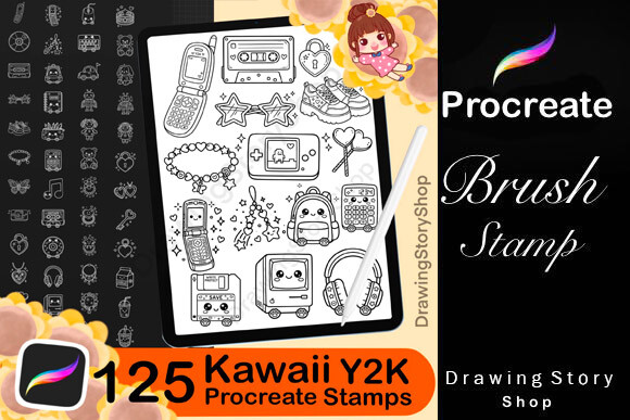 125 Kawaii Y2K Procreate Stamps cute retro doodle 2000s aesthetic icons