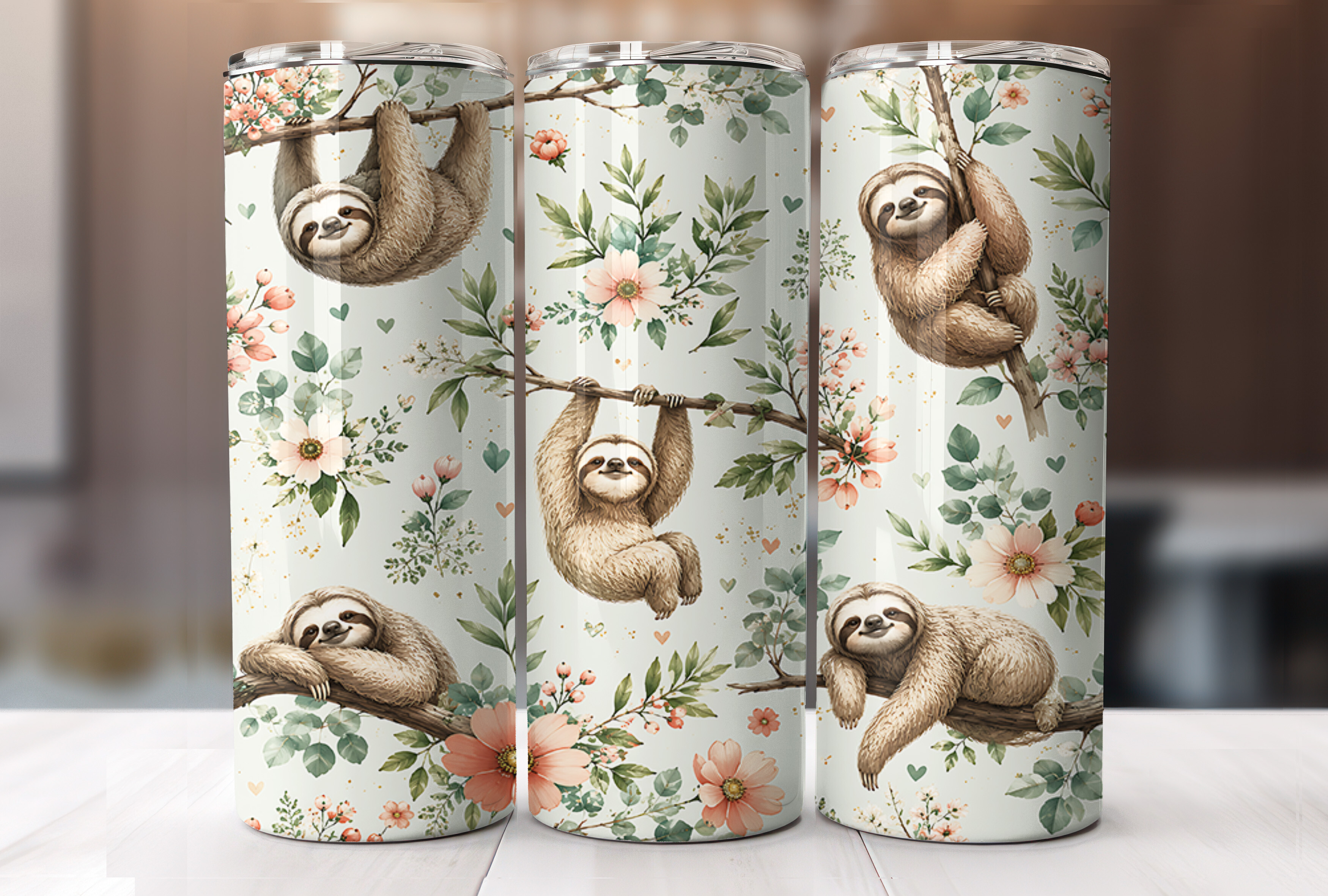 Cute Sloth Floral 20oz Tumbler Wrap PNG