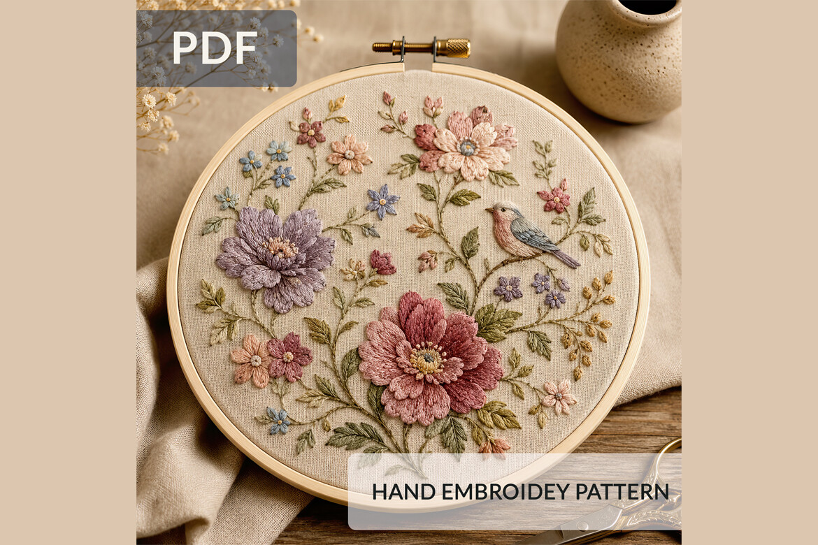 Floral Bird Hand Embroidery Pattern